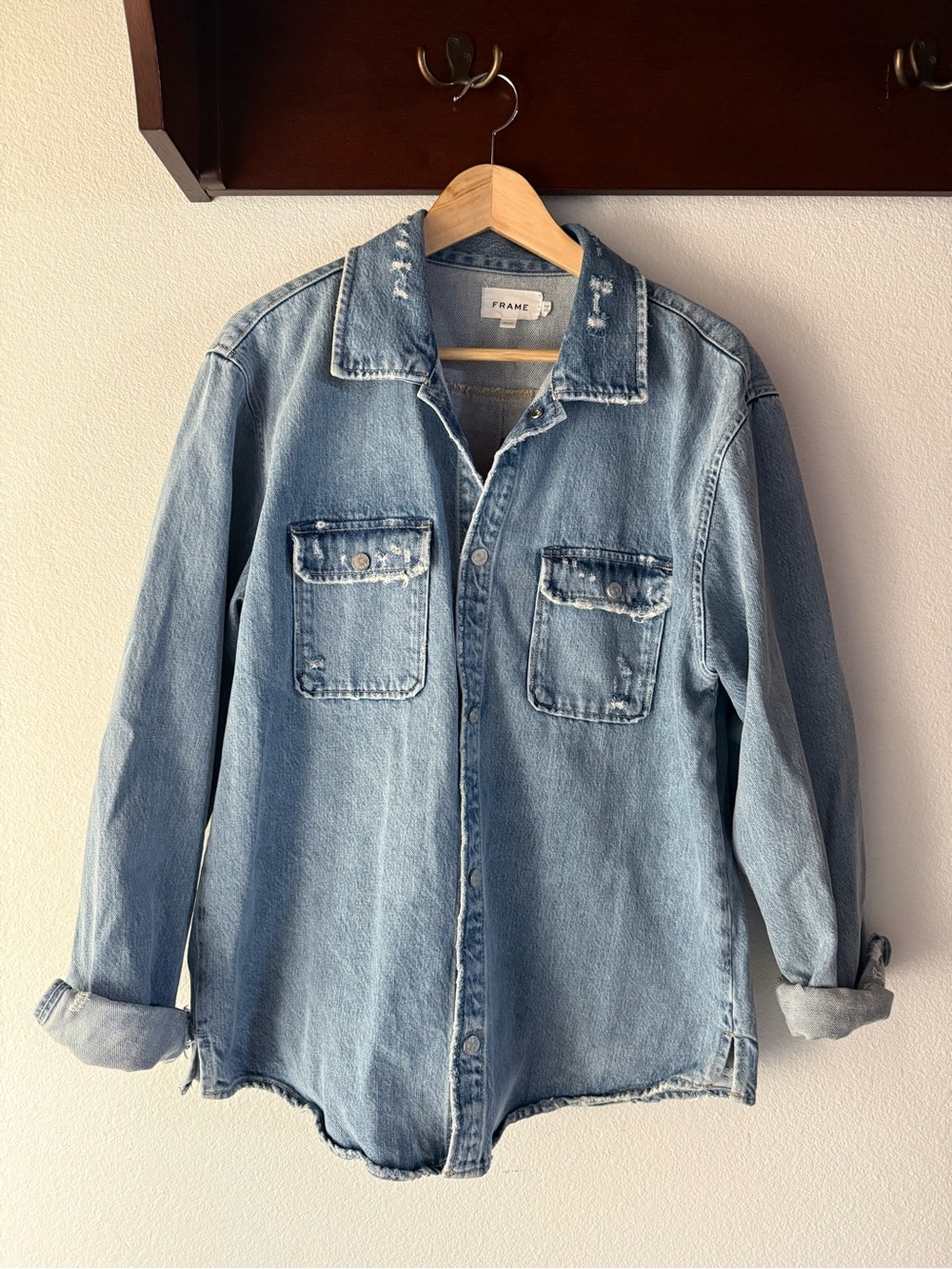 Frame Denim Light Blue Distressed Denim Shirt Jacket, Relaxed Fit, Unisex - Picture 4 of 13